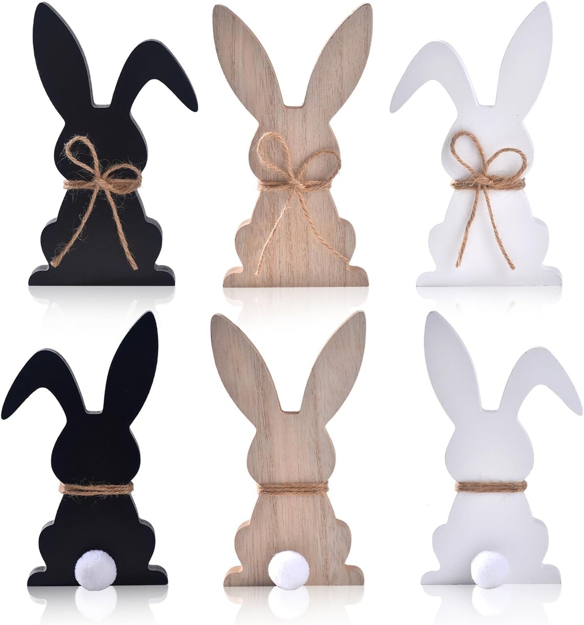 3PCs Easter Bunny Decor, Wooden Easter Bunnies Cutouts with Pompom Tail & Hemp Bow
